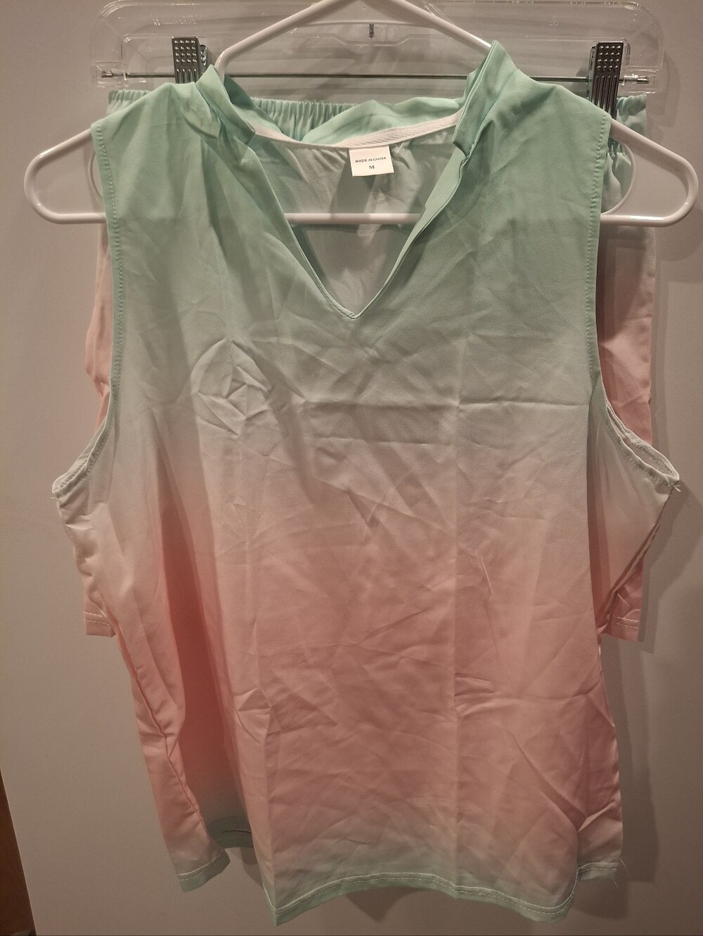 Sleeveless V-Neck Ombre Tank Top with Matching PJ Bottoms - Mint to Pink